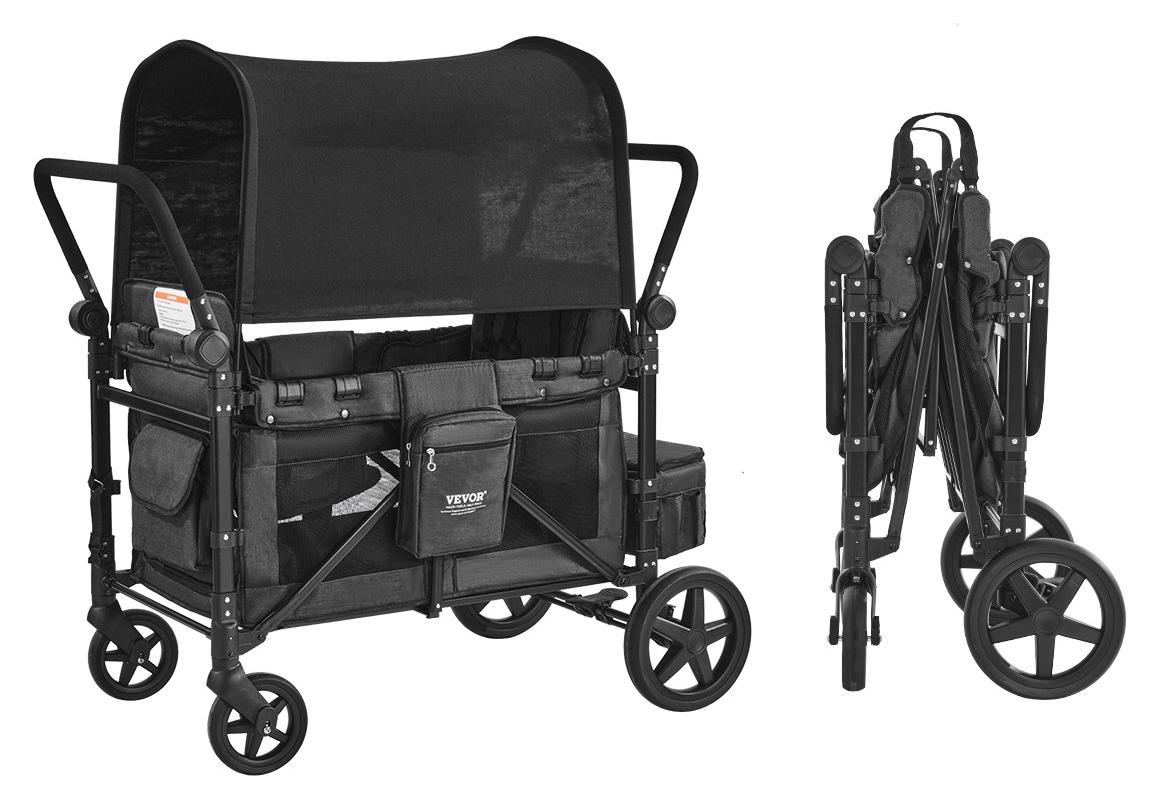 VEVOR Wagen Kinderwagen für 2 Kinder, Schiebe- und Ziehwagen, zusammenklappbarer Kinderwagen mit verstellbarem Griff, umschließendes Geschirr, abnehmbare Sonnenblende, 4 Räder mit Bremsen, multifunktionaler Tandem-Kinderwagen für Camping, Dunkelpurpur, Dunkelgrau + Schwarz, Schieben 4 Personen