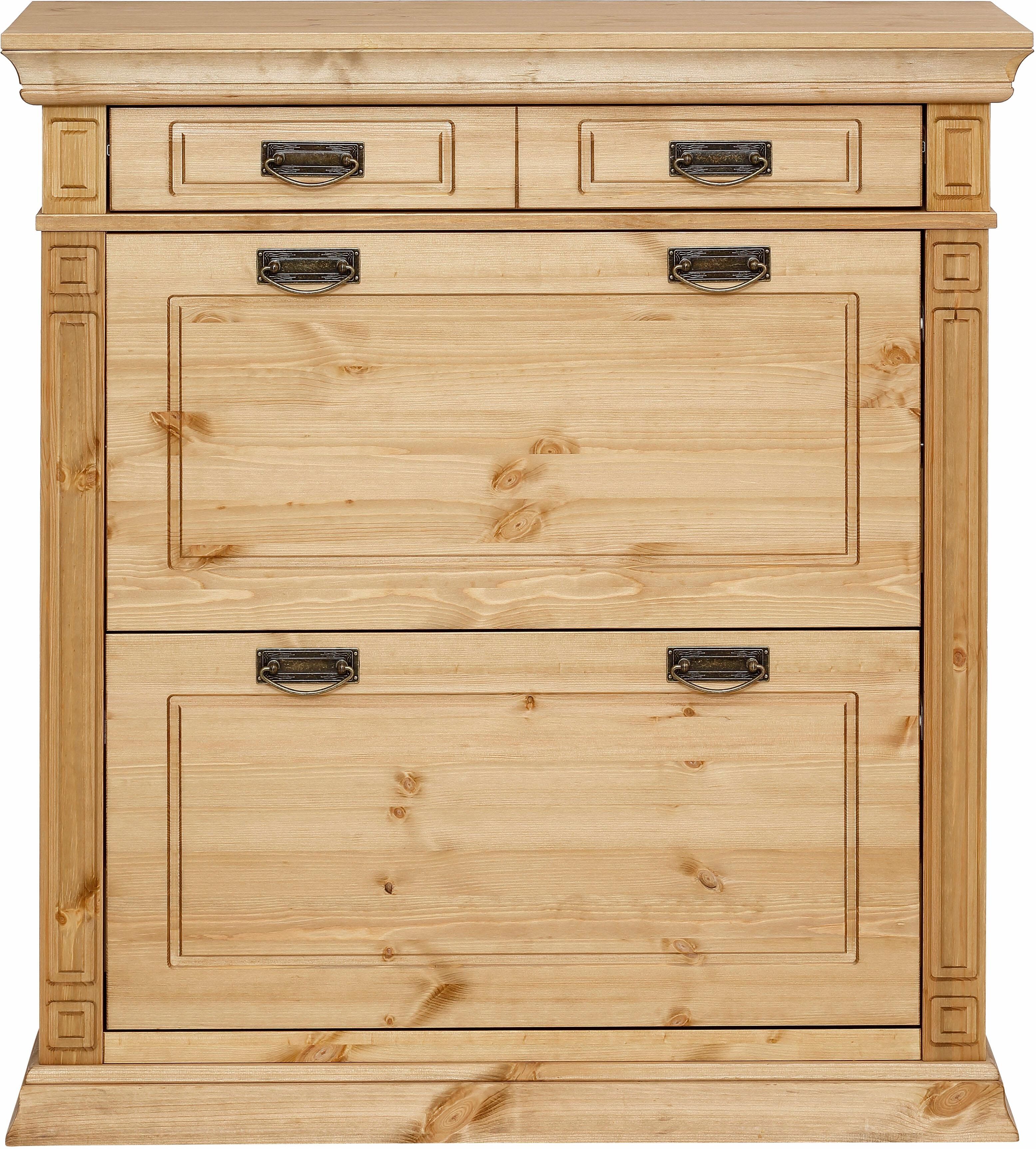 Schuhkommode OTTO HOME "Vinales mit Messinggriffe im Jugendstil, 1 Schublade, 2 Klappen", beige (natur geölt), B:96cm H:105cm T:39cm, Sideboards, Schuhkommode, Messinggriffe im Jugendstil, Platz für ca. 24 Schuhe