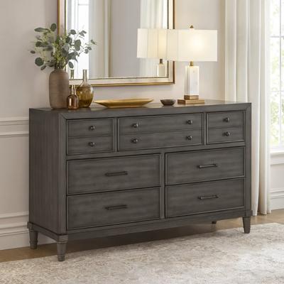 Benjara Ceila 58 Inch Wide 7 Drawer Dresser, Twin Knobs, Round Tapered Legs, Gray