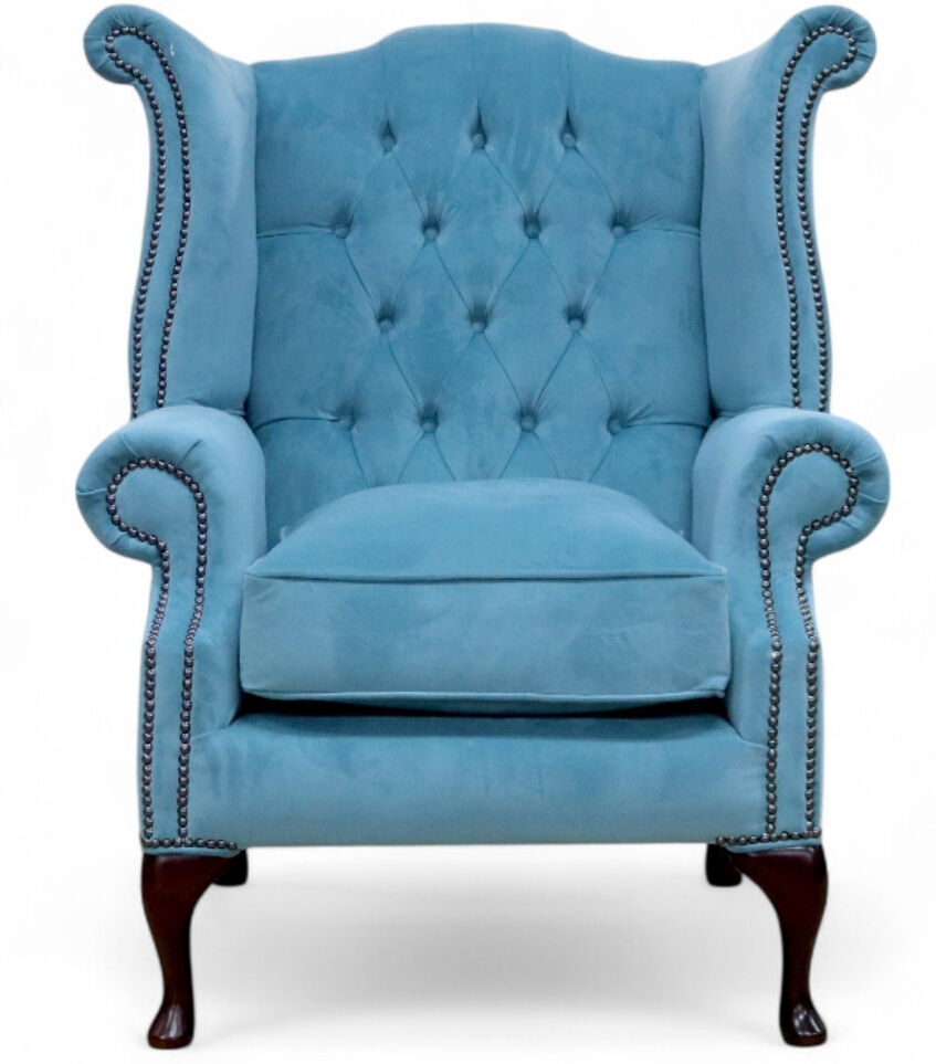 Designer Sofas For You Ltd Velvet and Fabric Wingback Chair Blue 105cm H X 90cm W X 92cm D