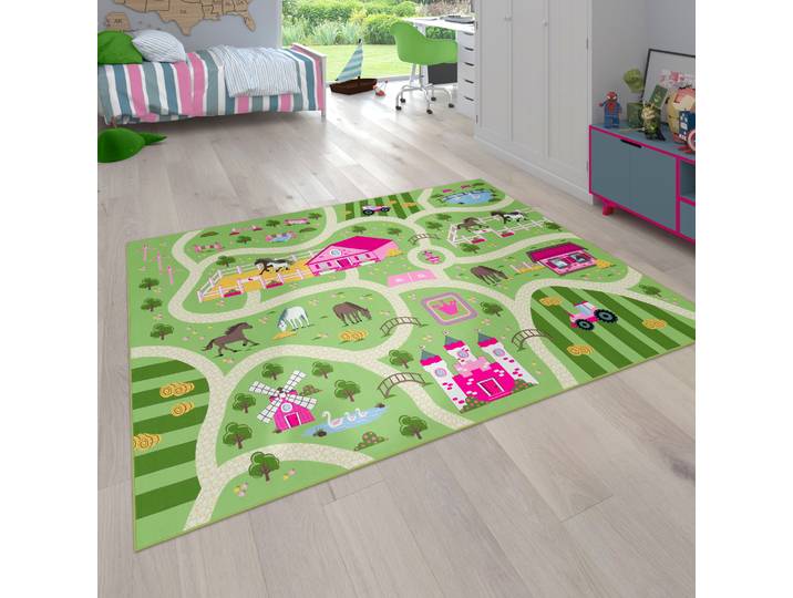 Kinderteppich PACO HOME Bino 560 , grün, B:200cm H:4mm L:200cm, Polyester, Teppiche, Kinderteppich, Kurzflor, Strassen-Spiel-Teppich, Motiv Bauernhof, Kinderzimmer