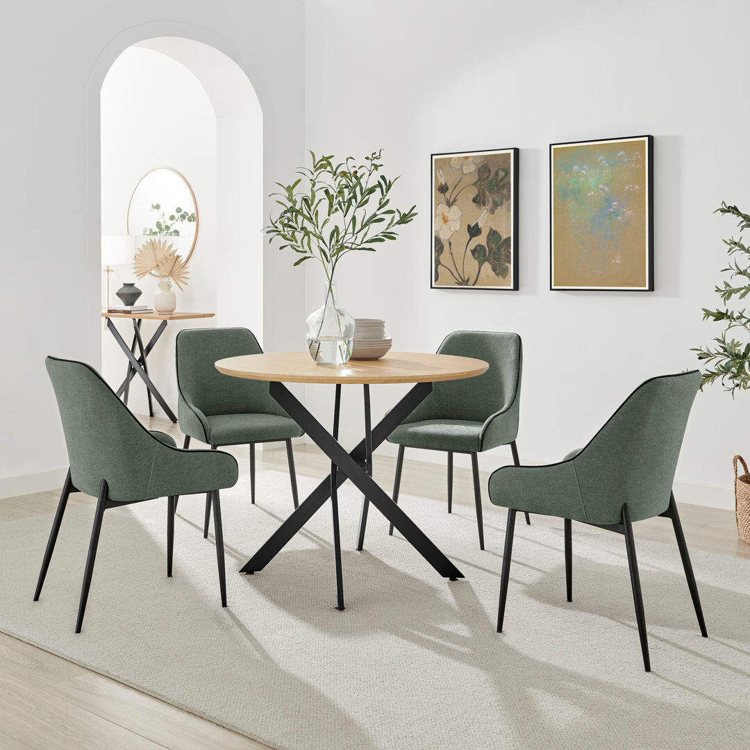 Corrigan Studio Hadlow Veneer & Metal Round Dining Table With Ophelia Fabric Chairs - Modern Statement Design Brown 4