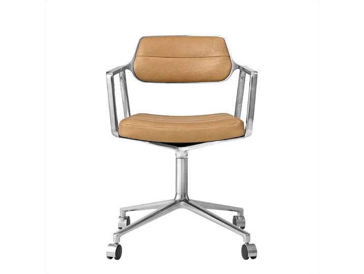 Vipp - 453 Swivel Drehstuhl auf Rollen, Aluminium poliert / Leder camel