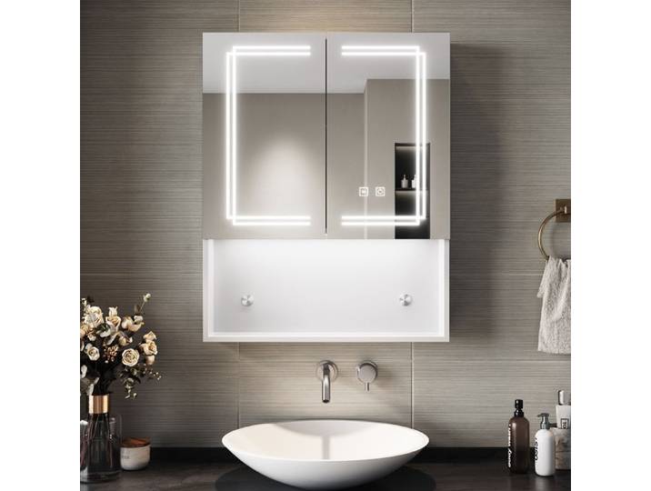 SIRHONA Armoire Miroir Salle de Bain Blanc 60x75x13cm Anti-buée Tactile Miroir avec Armoire de Rangement