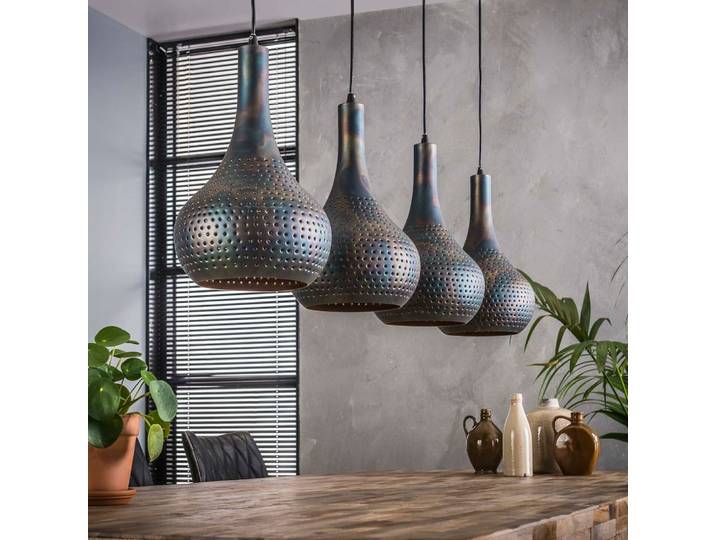 Suspension industrielle 4 lampes coniques 130x150 cm en métal