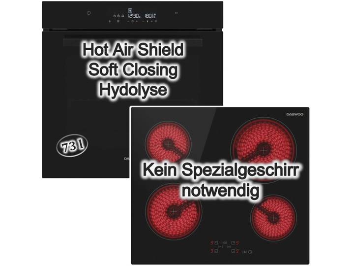 Daewoo Elektro-Herd-Set 73 L Hydrolyse SoftClosing + Kochfeld 60 cm Glaskeramik Touch Schwarz, mit Nachrüstbar, Hydrolyse
