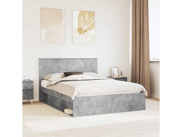 KTHLBRH Bettgestell Grau Beton 150 x 200 cm Kiefer massiv Technisches Holz, feste Latten, modernes Design, Doppelbettgestell