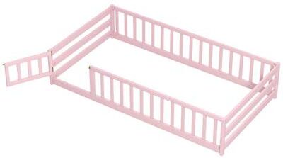 Costway Twin Size Montessori Floor Bed Frame with Full Length Safety Guardrails-Pink