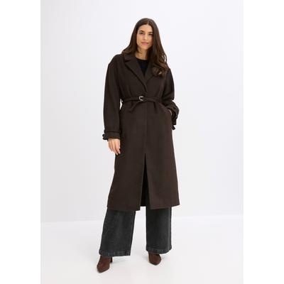 Wintermantel BONPRIX, Damen, Gr. 42, braun (dunkelbraun, schwarz (länge: regulär)), Obermaterial: 100% Polyester, oversize, Mäntel Wintermantel, Oversize-Passform, mit Reverskragen, aus Polyester