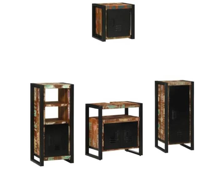 Badezimmermoebel-Set 4 Stueck Mehrfarbig und Schwarz Wandmontage Schrank Massive Holztueren, Robustes Eisen, Vielseitige Stauraumloesungen, Pflegeleichte Oberflaeche