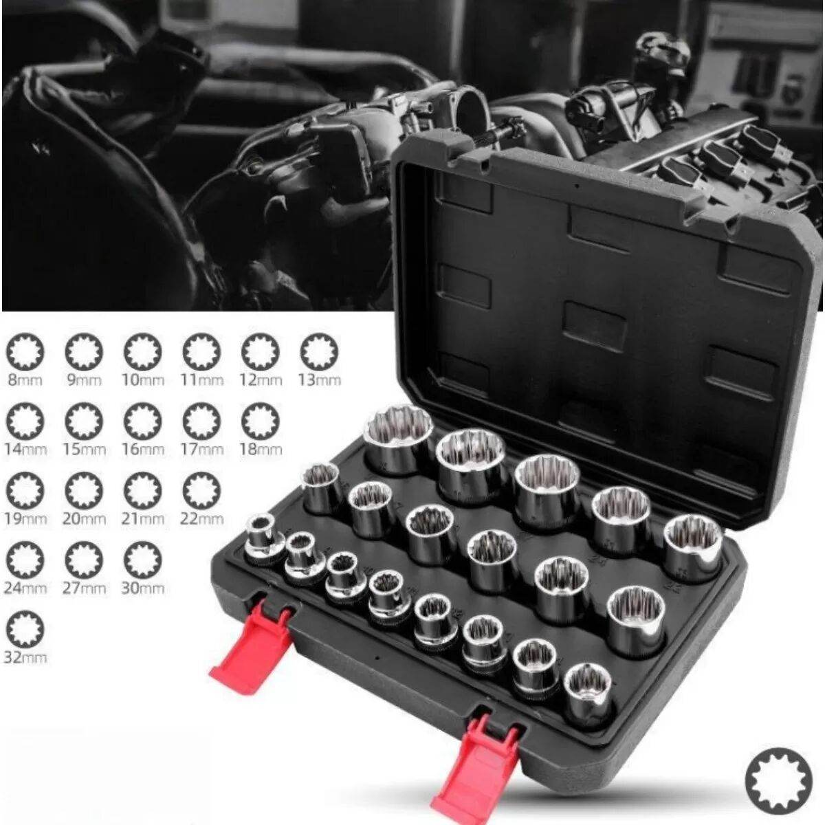 INF 19-teiliges Vielzahn-Steckschlüssel-Set – Sechskant-, 12-Kant- und Vielzahn-Einsatz für Mechaniker