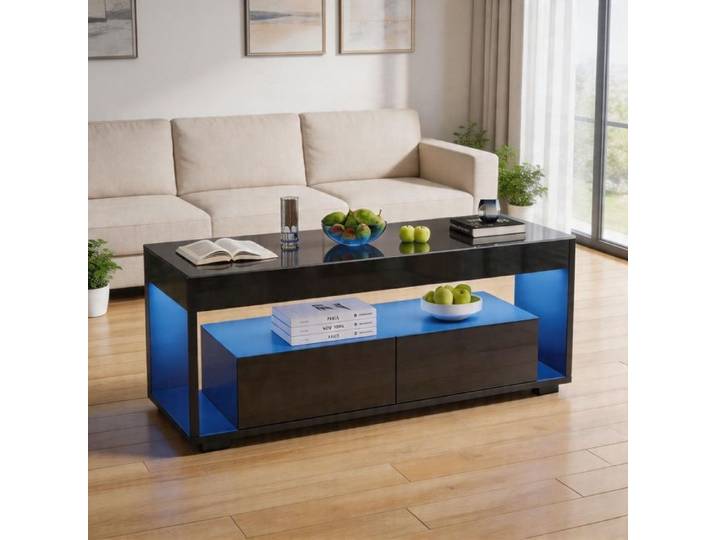 Table basse - Modèle rectangulaire 110x50x40 - Verre trempé brillant - 2 tiroirs - Éclairage LED 16 couleurs