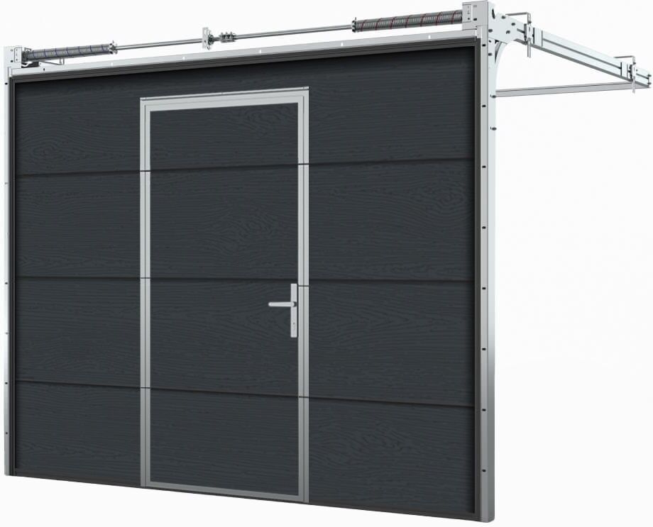 fenetre24.com Porte de garage avec porte de service, sectionelle, ouverture sur l'extérieur, Woodgrain, gris anthracite RAL 7016