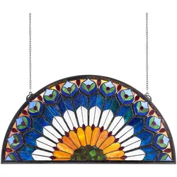 VEVOR Buntglasfensterpaneel (913 x 465 mm) hängendes Buntglas mit Kette, großes halbrundes Buntglas zum Aufhängen, traditionelles Vintage-Kunsthandwerk Fensterdekor für Küche & Heimdekor