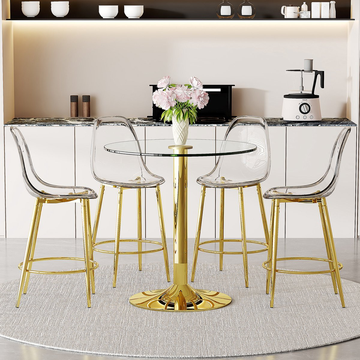 STILVORA Bartafelset met ronde glazen tafel van 89 cm en 4 transparante barkrukken - Goud en Transparant