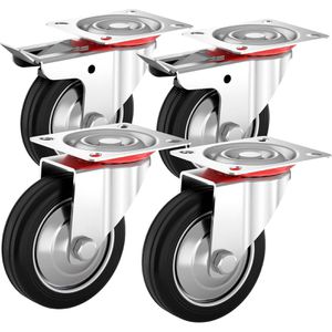 PRIOstahl Schwerlastrolle Set 4-teilig, 75mm Ø, Gummi, Tragkraft 150kg, mit Bremse