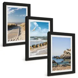 BILDER SET 3er Set - 20x30 cm Schwarzer Rahmen - Strand Holzsteg Klippen