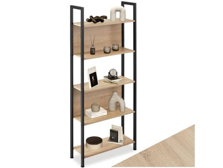 tectake® Industrial Wandregal Metall und Holz, mit 5 Ebenen, 62x24x165,5cm, Bücherregal Wand, als Raumteiler Regal, Küchenregal Wand, Nischenregal, Bookshelf - Industrial Holz hell, Eiche Sonoma