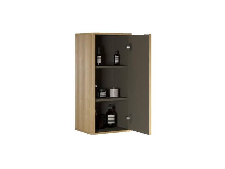 Armoire murale salle de bain suspendue coloris chêne façade rainurée push-to-open avec étagères intérieures Grjofek