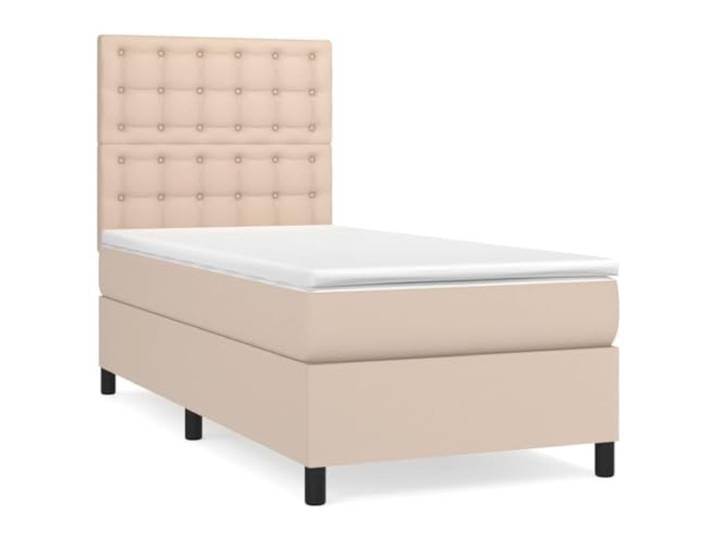 PUGYNBK Boxspringbett, Cappuccino, Kunstleder, 90 x 200 cm Kopfteil höhenverstellbar, mittlere Härte, gefederte Federn, einfache Reinigung