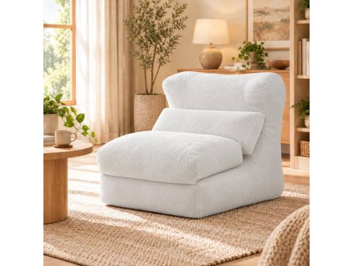 Bodensessel 90 cm, ausklappbarer Relaxsessel aus Schaumstoff (Weiß) 210 cm ausgeklappt, mit Lendenkissen, weicher Polsterung und ohne Montage – für Wohnzimmer, Schlafzimmer und Leseecke