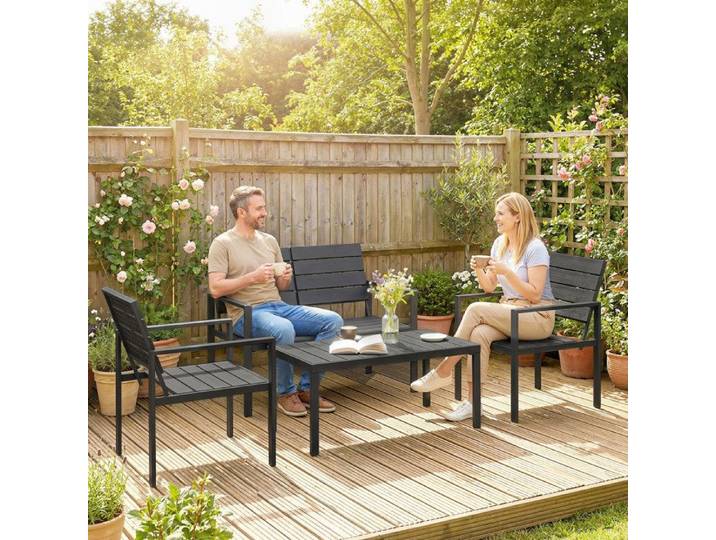 Salon de jardin extérieur 4 pièces canapé 2 places 2 chaises et table basse mobilier de jardin terrasse veranda noir