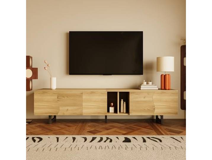 Ropilly tv Schrank naturholz, tv Board 191 cm, geschwungene Türen PB+MDF TV‑Schrank mit kratzfester Oberfläche und Eisenrahmen, Maße 191x38x46,5 cm, 60 kg.