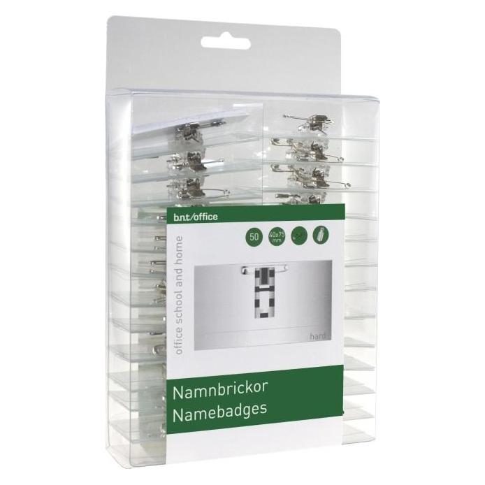 B.N.T. Navneskilte 40x75 mm med clip, nål & indstik - (50 stk.) (724500)