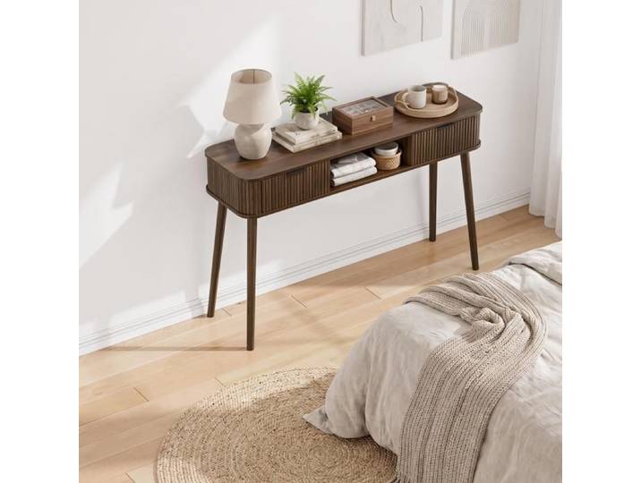 Table Console - 120x35x77.6cm - Console d'Entrée Vintage Mid-Century avec 2 Tiroirs Cannelés Niche & Pieds Massifs - Bois Noyer
