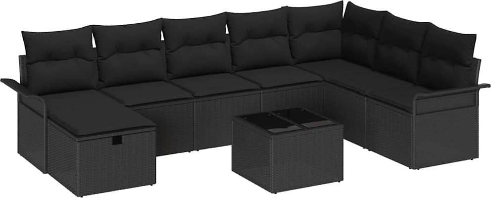Modulares Garten-Sofa-Set, 9-teilig mit Stauraum & Kissen, wetterfestes Poly-Rattan Schwarz, für 8 Personen, handgewebt