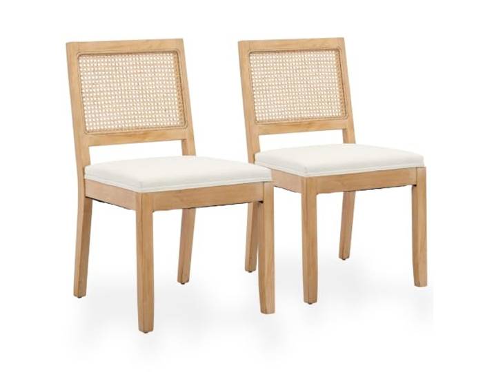 SEEDWAVE Esszimmerstühle 2er Set Küchenstuhl mit Rattan Rückenlehne, Massivholzbeine mit Filzfüßen, Gepolsterter Leinen Sitz, Boho Landhausstil (Holzfarbe Beige)