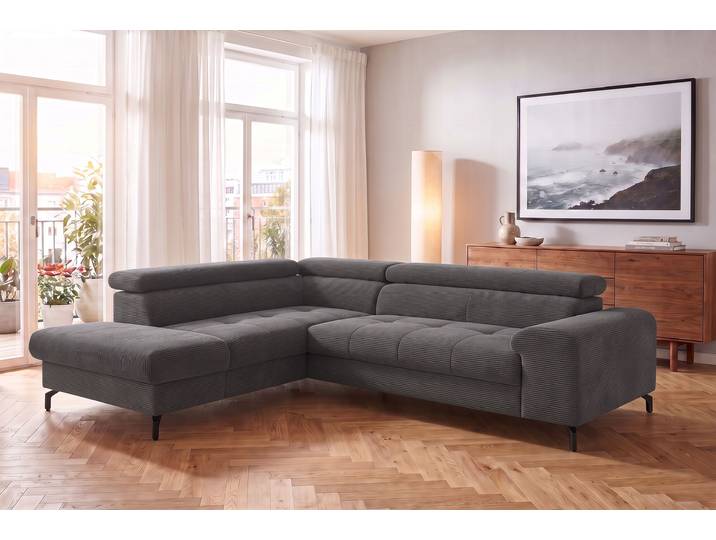 Ecksofa, Cord, Anthrazit, 260×106 cm, Mit Bettfunktion & Bettkasten, Cotta