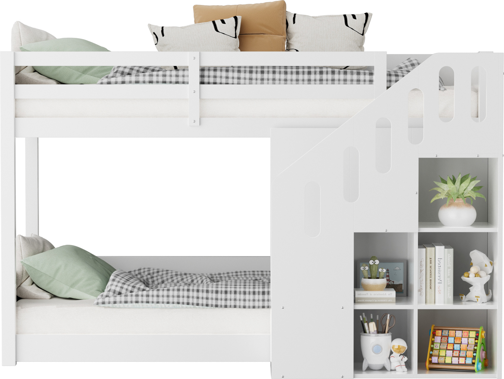 Kinder-Etagenbett,Doppelbett, multifunktionales Kinderbett, Mit Treppen und Schließfächern,stabiles Geländer, ohne Matratze, 90*200cm, Weiß,