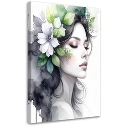 LEINWANDBILD Frau mit grünen Blumen auf dem Kopf 70x100cm
