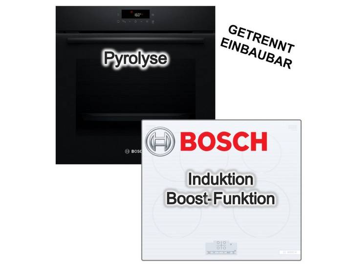 BOSCH Backofen-Set Einbaubackofen 3D-Heißluft Pyrolyse + Induktionskochfeld Booster weiss, mit Nein, Pyrolyse-Selbstreinigung Hydrolyse