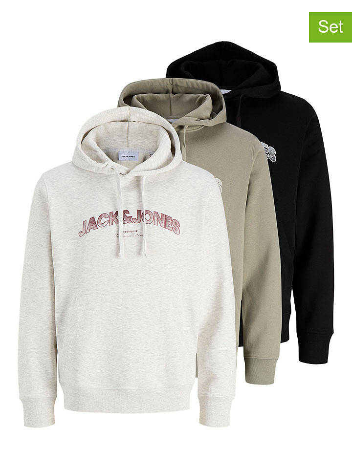 Jack & Jones 3er-Set: Hoodies in Khaki/ Creme/ Schwarz - S
