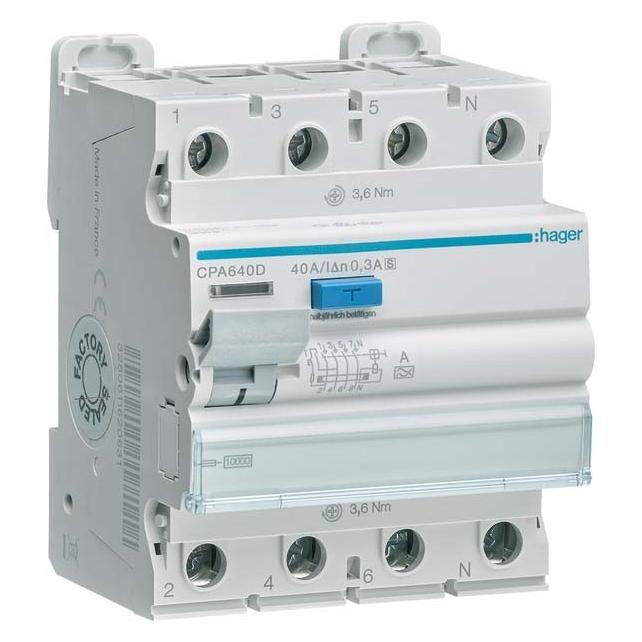 Hager CPA640D Fehlerstromschutzschalter 4p 10kA 40A 300mA S (CPA640D)