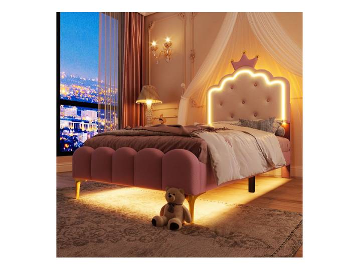 OKWISH Polsterbett Kronprinzessinnen-Design,Jugendbett,mit LED-Umgebungslicht (Prinzessinnen Polsterbett,mit Lattenrost, Rosa mit LED Ambiente-Licht, Fernbedienung, Kronprinzen-Design, Metallfüße., 90 x 200 cm), ohne Matratze