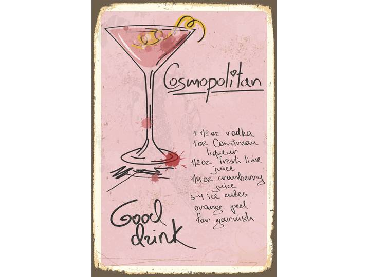 Metallbild QUEENCE Cosmopolitan , schwarz (farbe bild(er): schwarz), B:30cm H:20cm, Metall, Stahl, Bilder, Metallbild, Stahlschild, Blechschild, Rezept, Cocktail, rosa, Wanddeko