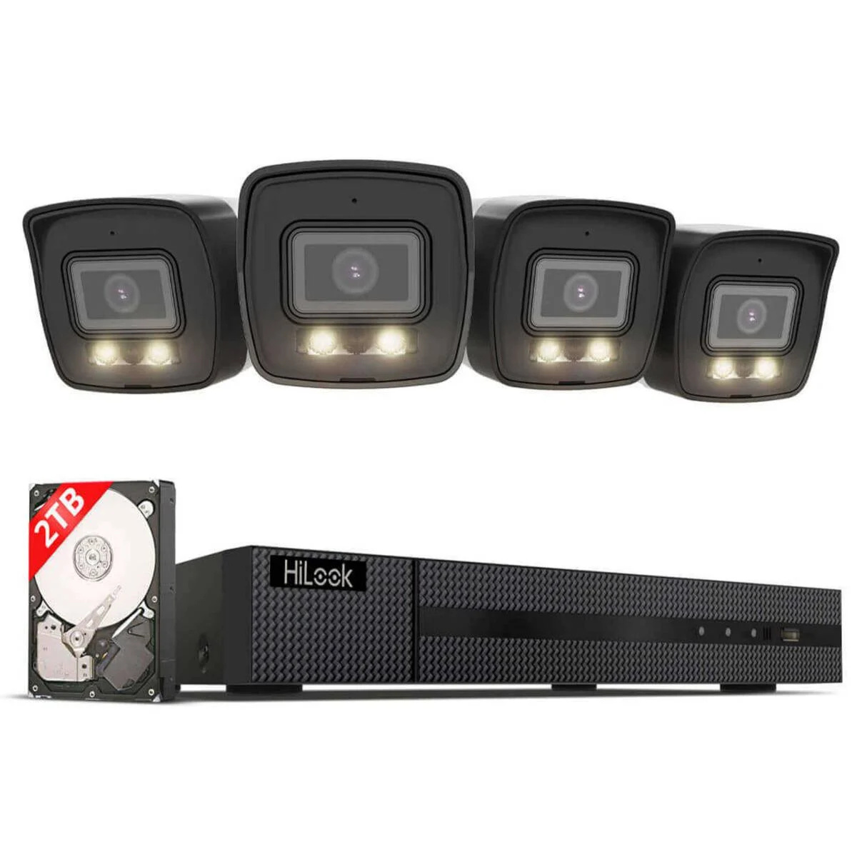 Hilook Überwachungskamera Set Außen 4x 8 MP/4K Bullet Kamera SD Karten-Slot Nachtsicht in Farbe, KI Personen-/Fahrzeugerkennung 8-Kanal NVR, 2 TB HDD