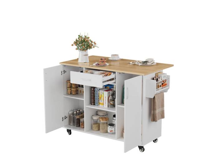 Gisaae Kücheninsel klappbarer mit Schublade, Schrank, Rollen 92,9x120x43,5cm, Weiß, Holz, Mode, Küche mit Insel,Rechteckig, 67.5x92.8x136.5 cm, Küchen, Küchenmöbel, Kücheninseln