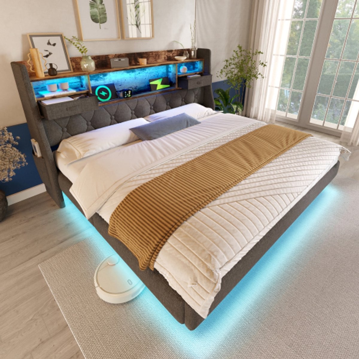 Grijs Linnen Zwevend Tweepersoonsbed 180x200 cm met LED Verlichting, Oplaadstation en Opberg-Hoofdbord