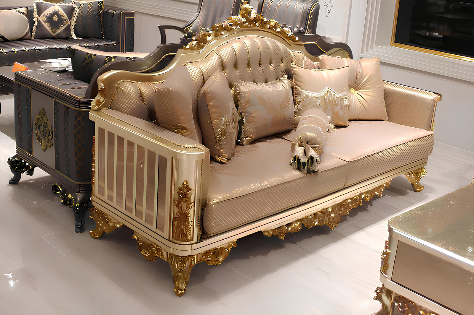 Chesterfield zitmeubel set met sofa en fauteuil in textiel en hout