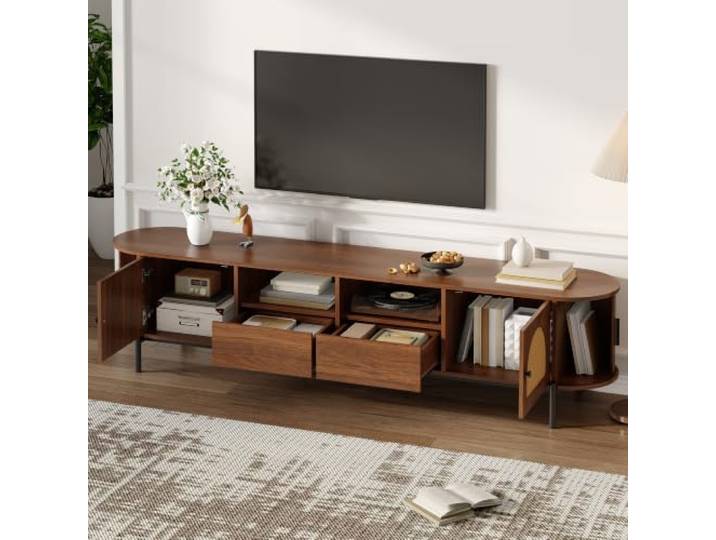 Crlnaup Ovales TV-Schrank mit Rattan, Schiebetüren, Türen und Schubladen, Holzoptik, Metallbeinen, multifunktionaler Wohnzimmerschrank mit Stauraum