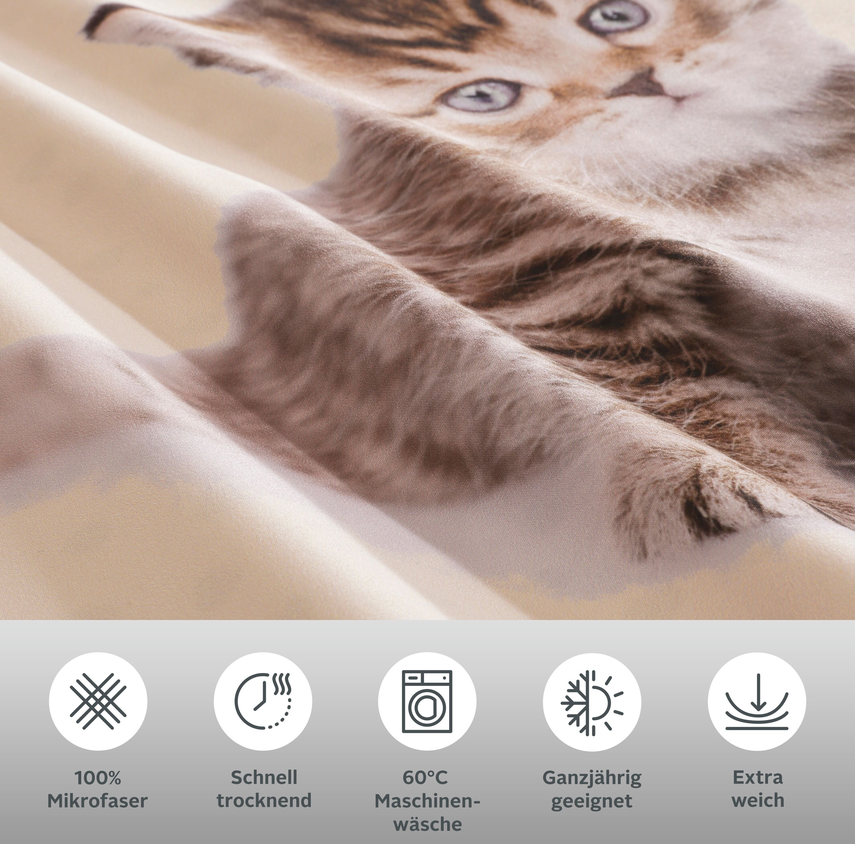 Bettwäsche GOODPRODUCT "Lyki", beige (katze), B/L: 135cm x 200cm, 1 Stk., 1 Stk., Microfaser, B/L: 80cm x 80cm, 2, Microfaser, Obermaterial: 100% Polyester, Bettwäsche, Bettwäsche, ab Grösse 135x200 cm, 100% Polyester, Katze, Pferd, Löwe, Pinguin katze B/