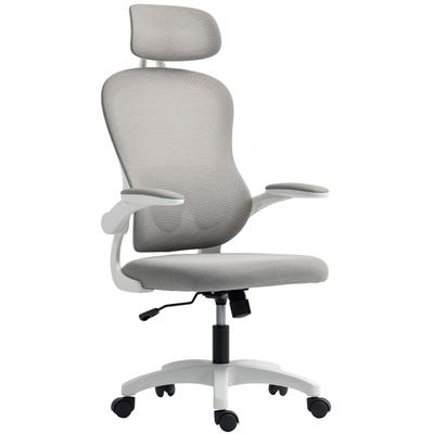 OKWISH Bürostuhl ergonomisch Grau 121x64x62 cm mit Netzrücken, verstellbarer Kopfstütze, 2D-Lendenstütze, Wippfunktion, klappbaren Armlehnen