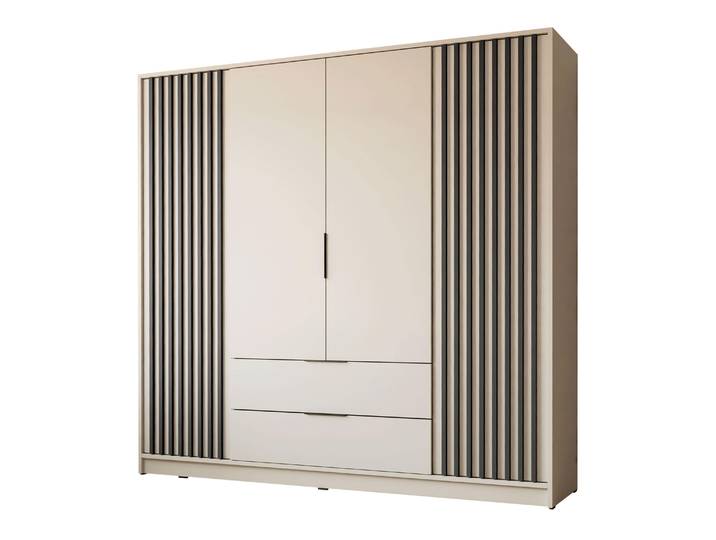 Viertüriger Kleiderschrank NELA mit Lamellen 206 cm, Kaschmir / Kaschmir + Schwarz