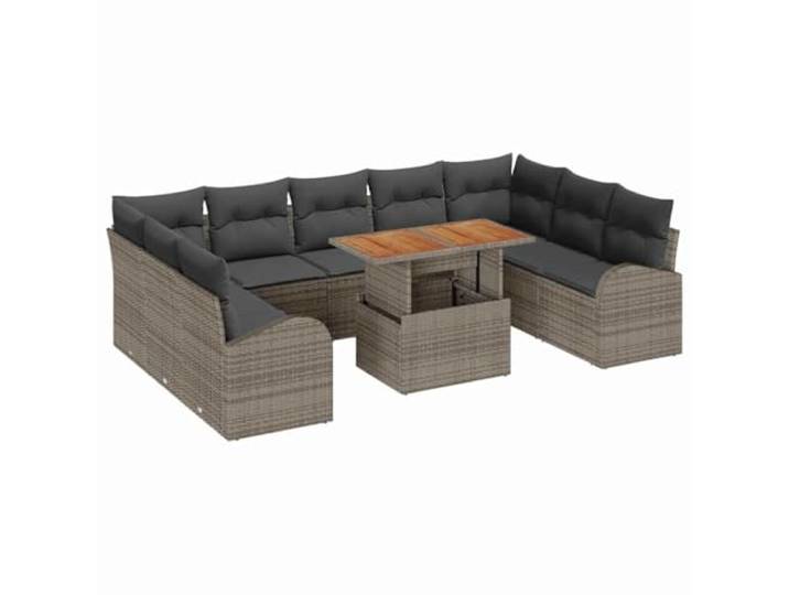 ZQQLVOO Garten-Sofa-Set 10 STK. Grau mit Akazienholz-Tischplatte Poly-Rattan, pulverbeschichteter Stahl, Stauraum, abnehmbare Kissen, UV-beständig, einfache Montage
