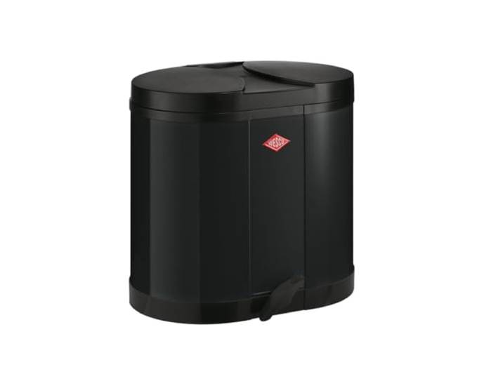 WESCO Ökosammler 170 in der Farbe schwarz, pulverbeschichtetes Stahlblech, zwei getrennte 15 Liter Einsätze aus Kunststoff, Kunststoff-Fußtritt