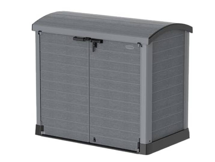 Duramax Cedargrain StoreAway 1200L Gartenhaus aus Kunststoff / Bogendeckel, Mülltonnenbox, Gartenhaus, solide Konstruktion, ideal für Werkzeuge, BBQs und 2x 240L Mülltonnen, 145x85x125 cm, Grau
